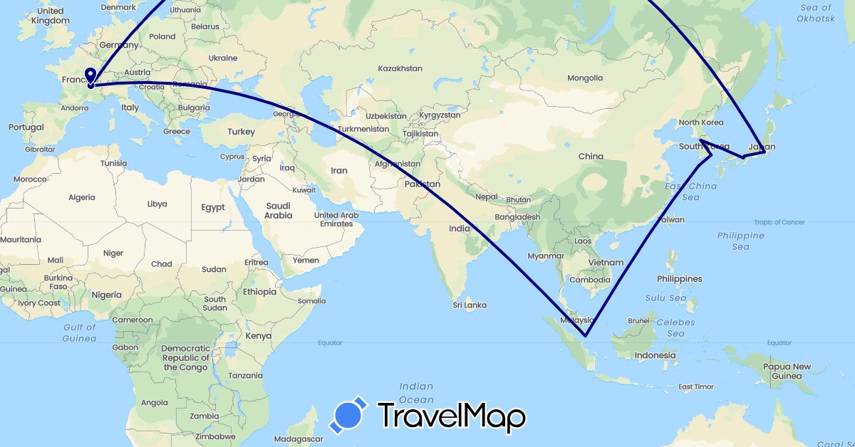 TravelMap itinerary: driving in France, Japan, South Korea, Singapore (Asia, Europe)