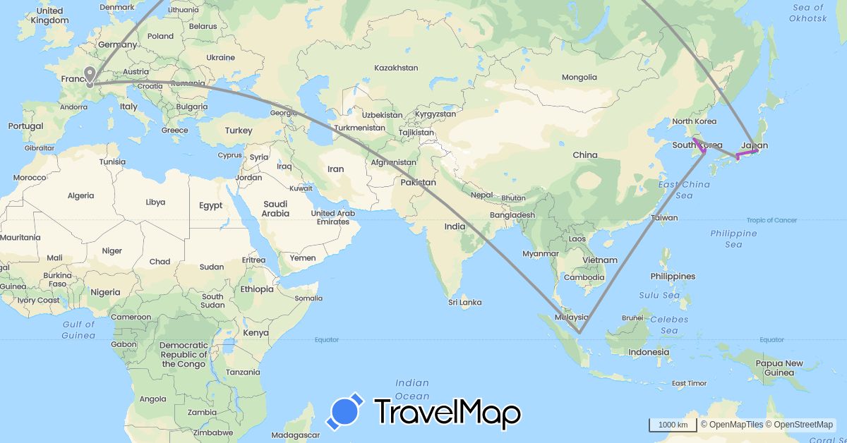 TravelMap itinerary: driving, bus, plane, train in France, Japan, South Korea, Singapore (Asia, Europe)